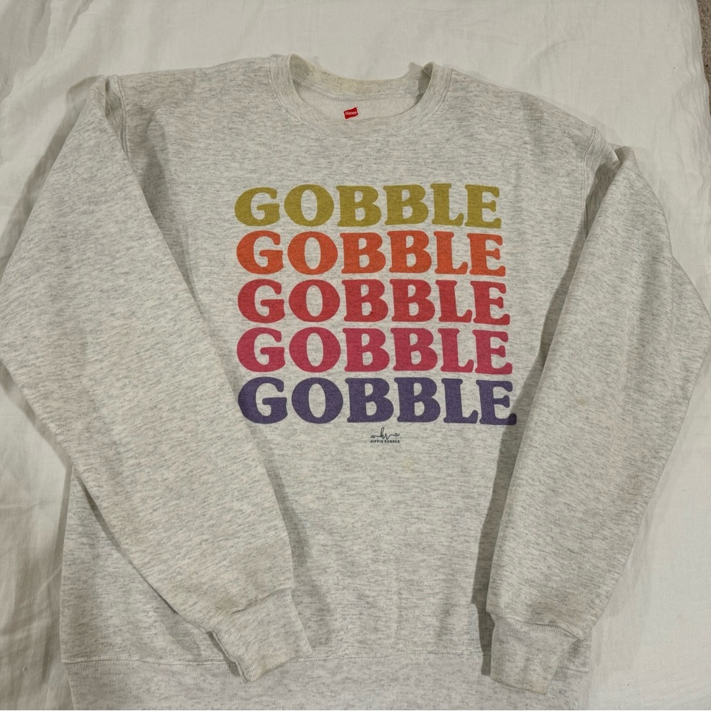 Size Small Thanksgiving Sweatshirt "GOBBLE GOBBLE GOBBLE" in color grey